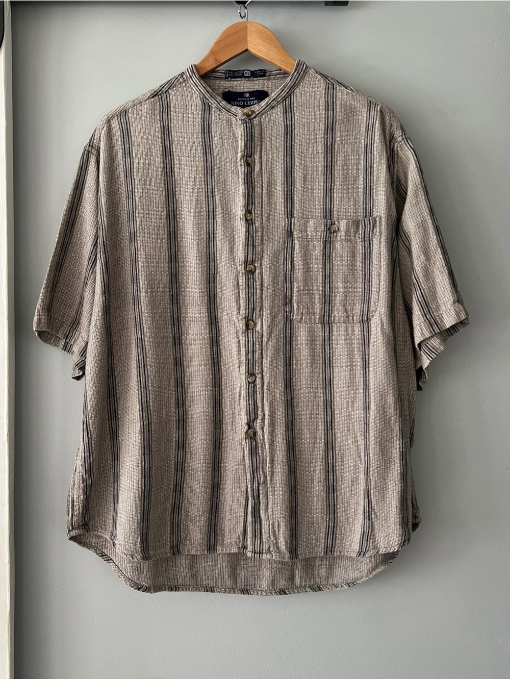 VTG Nino Cerruti Sport Striped Button Up SS Shirt Mens XL Blue/Tan Banded Collar